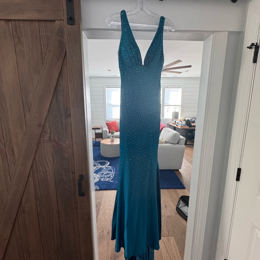 Johnathan Kayne Teal Gown with Train - Picture 3 of 5